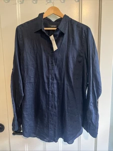Lauren Ralph Lauren Leinen Hemd mit Knopfleiste Langarm dunkelblau Damen Large - Bild 1 von 8