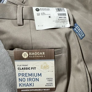 Haggar Premium bügelfrei khaki klassische Passform flache Vorderseite Herren 36 x 32 NEU khaki - Bild 1 von 6