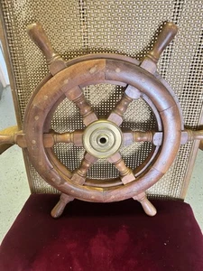 Vintage Nautical Sail Boat Wheel Wooden With Brass Inlay 16" Diameter - Picture 1 of 3