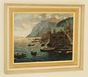 GUSTAVE LINO (1893-1961) Oil Painting Fishing Boats at The Island of Capri Italy - Picture 1 of 9