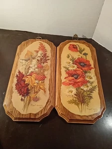 2 Vintage 60er Jahre Robert Laessig Blumenmuster gebrannte Kanten & auf Holz lackiert - Bild 1 von 12