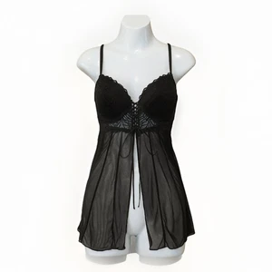 Jezebel Black Sexy Goth Teddy With Lace Up Bow Sheer Adjustable Straps Sz Large - Picture 1 of 9