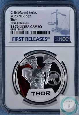Moneda de prueba de primeros lanzamientos Niue 2023 $2 1 oz plata Thor NGC PF 70 UC Foto 1 de 4