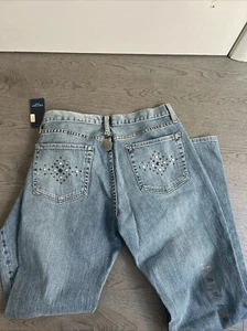 NWT Karen Kane denim Jean BoHo hippie retro Embellished Bootcut size 10 - Picture 1 of 9