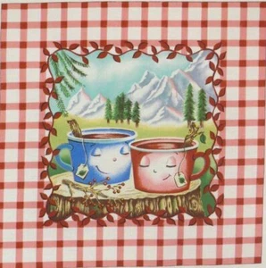 Lovers' Smile Coffee Tea Cup Fabric Large  9.75" x10" quilt pillow block - Picture 1 of 2