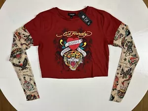 Ed Hardy Women Large “LOVE RUNS WILD” Cropped Wine Red T Shirt W/Tattoo Sleeves - Picture 1 of 8