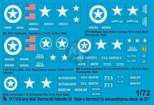 Peddinghaus 1/72 Markings M4A1 Sherman, M3 / M16, T30 HMC, M8 Greyhound WWII 779 - Picture 1 of 1