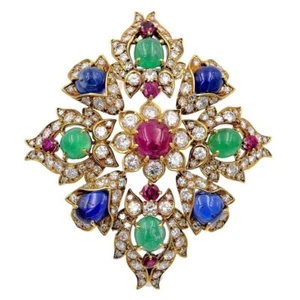 925 Sterling Silver Brooch Cubic Zirconia Green, Red & Blue Multi Color Jewelry - Picture 1 of 8