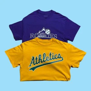 Two Baseball T-shirt in lot Oakland Athletics, Rockies, Majestic, Gildan SZ S - Picture 1 of 5