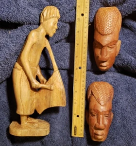 Vtg AFRICAN ART Carving WOODEN WALL HANGING FACES Mask Pair WOOD FIGURE LOT - Picture 1 of 13