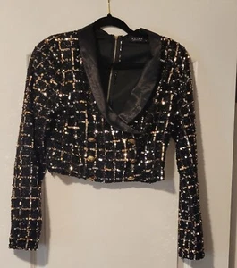 Akira Sequined Crop Top Blouse Shirt Size M Black Gold - Picture 1 of 3