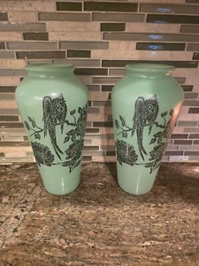 Vintage Pair Frosted Green Glass Vase Bird And Flowers Unique - Picture 1 of 7