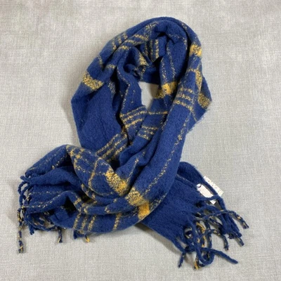 Free People Scarf Womens One Size Navy Blue Yellow Plaid Fringed Soft Cozy New - Image 1 of 4