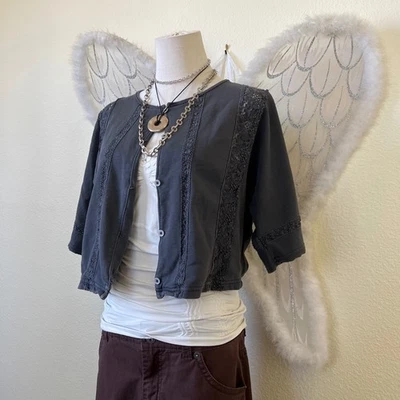 Dark Romantic Babydoll Cropped Button Up Cardigan Lace Trim Top Gray Oversized - Image 1 of 4