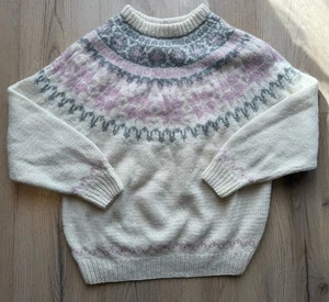 Vintage 90s Eddie Bauer Wool Sweater Nordic Snowflake Fair Isle Large Ivory Pink - Bild 1 von 7