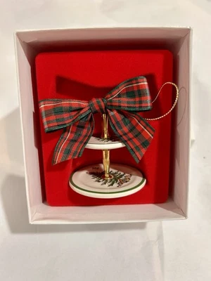 Spode Christmas Tree Miniature Two Tiered Server Ornament Porcelain w Plaid Bow - Image 1 of 3