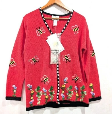 THE QUACKER FACTORY Embroidered Flower & Bee Pink Knit Cardigan Sweater - Image 1 of 4