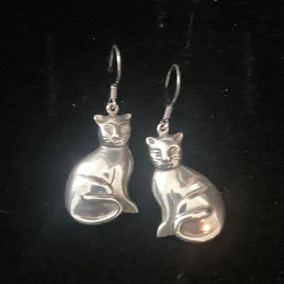 Vintage Sterling Silver Cat Earrings Soma 925 Signed Dangle Hook Style Feline - Image 1 of 4