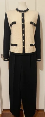 St John Crema/Negro Santana Tejido Chaqueta/Pantalones Traje/Conjunto Talla-12-14~CLASE~ Foto 1 de 4