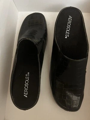 Aerosoles Mujer Negro Cocodrilo Cuero Sin Cordones, Bloque Tacón Zapatos 9M Vintage  Foto 1 de 4