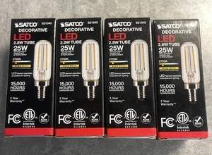 4 Pk Satco S21340 LED Filament Tube 120V 2.8W =25W T6 Candelabra Warm White - Picture 1 of 5