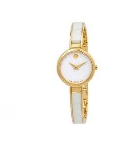 MOVADO MODA $795 WHITE CERAMIC GOLD TONE WHITE DIAL BANGLE WATCH 0607715 - Picture 1 of 4
