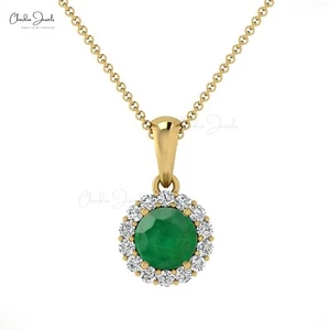 Colgante hecho a mano de oro macizo de 14 k con halo de esmeralda natural de corte redondo de 4 mm para mujer - Imagen 1 de 22