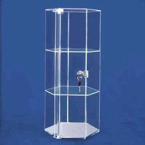 Acrylic Mirror Bottom Rotating Hexagon Display Case 8-1/4" x 8-1/4" x 18-7/8" - Picture 1 of 1