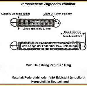 Zugfedern mit Ösen, wählbar: Material, Länge, Stärke 7kg bis 116kg Zugkraft - Bild 1 von 69