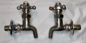 Antique Nickel Brass Separate WATER TAPS FAUCETS with Porcelain HOT &COLD Knobs - Picture 1 of 7