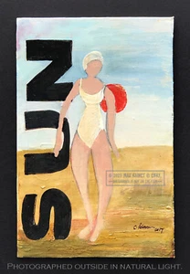 Sun Bather 2017 C Peterson * Original Painting * Typography Woman at the Beach - Picture 1 of 24