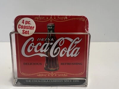 Set Of 4 Retro 4” Square Drink Coca~Cola Tin & Cork Coasters with Metal Holder - Image 1 of 4
