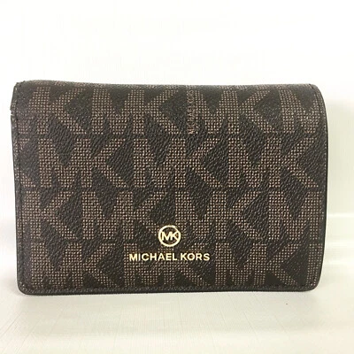 Cartera Michael Kors Signatue Logo Doble Plegable Marrón Lona Recubierta A Presión 5.25 x 3.75 Foto 1 de 4