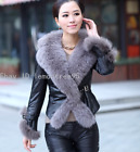 Winter Women 100% Real Sheepskin Leather Big Fox Fur Collar Jacket Warm Coat SZ