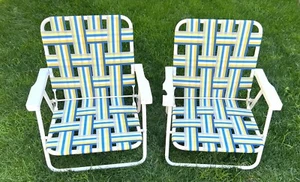 2 Vintage Folding Lawn Chairs w/ Yellow, White, Blue Webbing Camp Patio Beach - Picture 1 of 13