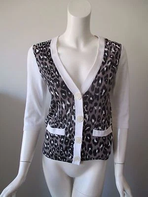 Cárdigan Suéter Tracy Reese Blanco Gris Estampado de Animales Tejido Fino Algodón P Foto 1 de 4