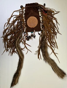 Native American Inspired Medicine Bag, Leather Pouch, Shells ,Feathers - Picture 1 of 7