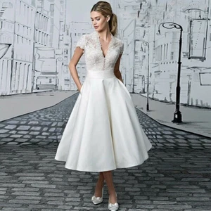 Vintage Lace Satin Short V Neck Wedding Dress Tea Length White/Ivory Bridal Gown - Picture 1 of 3