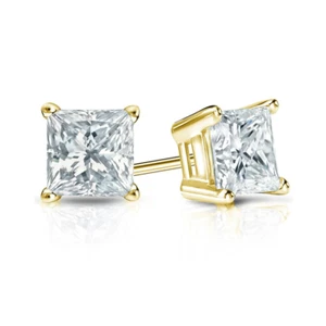 14K Solid Yellow Gold Earring Lab Created 1.00 Ct Princess Cut Diamond Stud - Picture 1 of 9