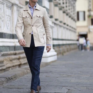 Men's British Safari Jacket Lapel Collar Hunting Coats Casual Overalls Pockets - Picture 1 of 28