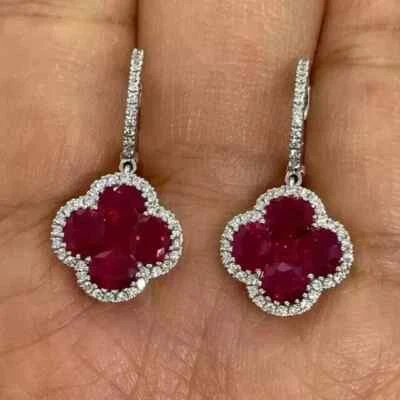 Lab Created Red Ruby 3Ct Oval Cut Drop/Dangle Earring 925 Sterling Silver Plated - Image 1 of 4