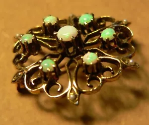 Vintage 14K Gold Brooch with 7 Fiery Opals & Seed Pearls 1950s-60 Beauty - Picture 1 of 13
