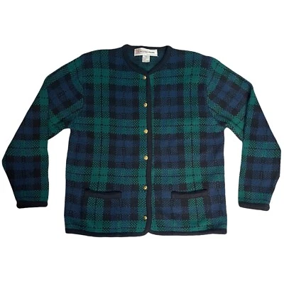 Cárdigan Vintage Cuadros Verde Marino Negro Y2K Oscuro Academia Bolsillos Botones Dorados M Foto 1 de 4