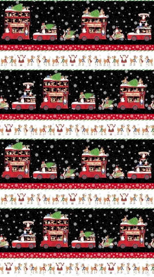 Double Decker Christmas Fabric - Bus Truck Stripe Black - Northcott YARD - Image 1 of 1