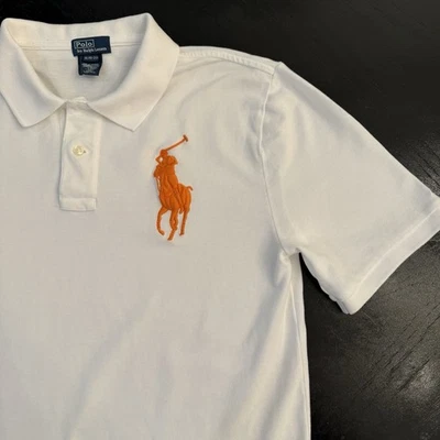 POLO RALPH LAUREN Boys White Short Sleeve Polo Shirt w/ BIG Orange Pony Size XL - Image 1 of 4