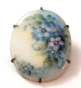 Antike Porzellan blaue ovale Brosche floral Messing Verschluss Pin 1-1/8”x 1-3/8” - Bild 1 von 3