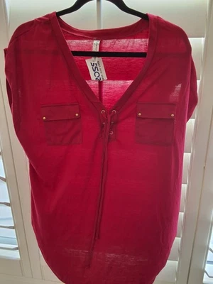 NWT By Design PerSeption Concept Women's XL Red Lace-Up Boho V-Neck Tunic Top - Image 1 of 4