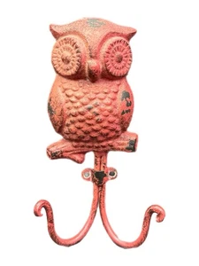 Rustic Country Cast Iron Metal Red Owl 7" Wall Hook - Picture 1 of 7