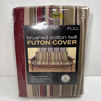 Bed Bath & beyond full size futon cover stripe beige brown maroon Cotton Twill - Image 1 of 4