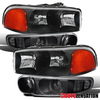 Fit 2001-2006 GMC Sierra Yukon XL Denali Black Headlights+Corner Bumper Lamps Foto 1 de 4